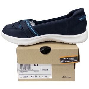 Clarks Cloudsteppers Adella Poppy Slip On Casual Shoes Womens 6.5 Wide Navy Blue